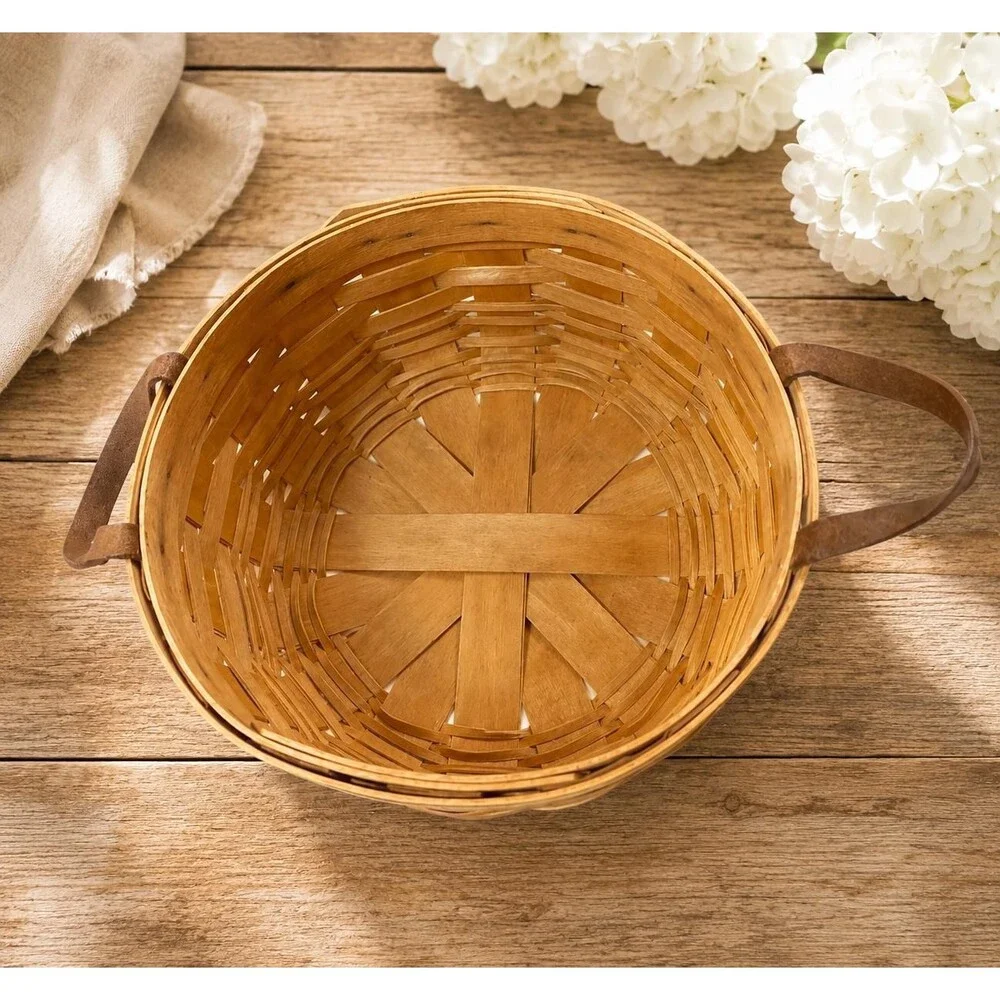 Vintage 1993 Longaberger Round Basket with Leather Handle | Signed | 10” Handwov